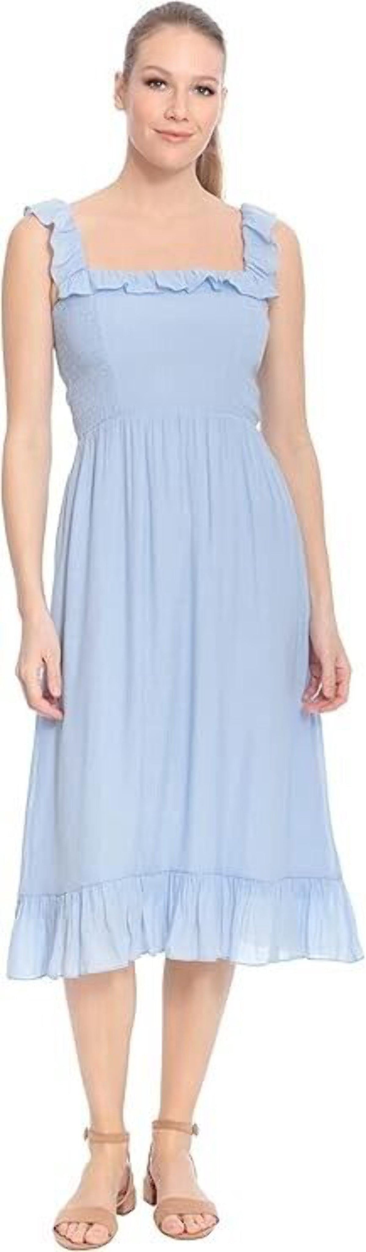 thumbnail image 1 of Donna Morgan Remi Dress Women's 8 Blue Smocked Ruffle Square Neck A-Line JDM484, 1 of 4
