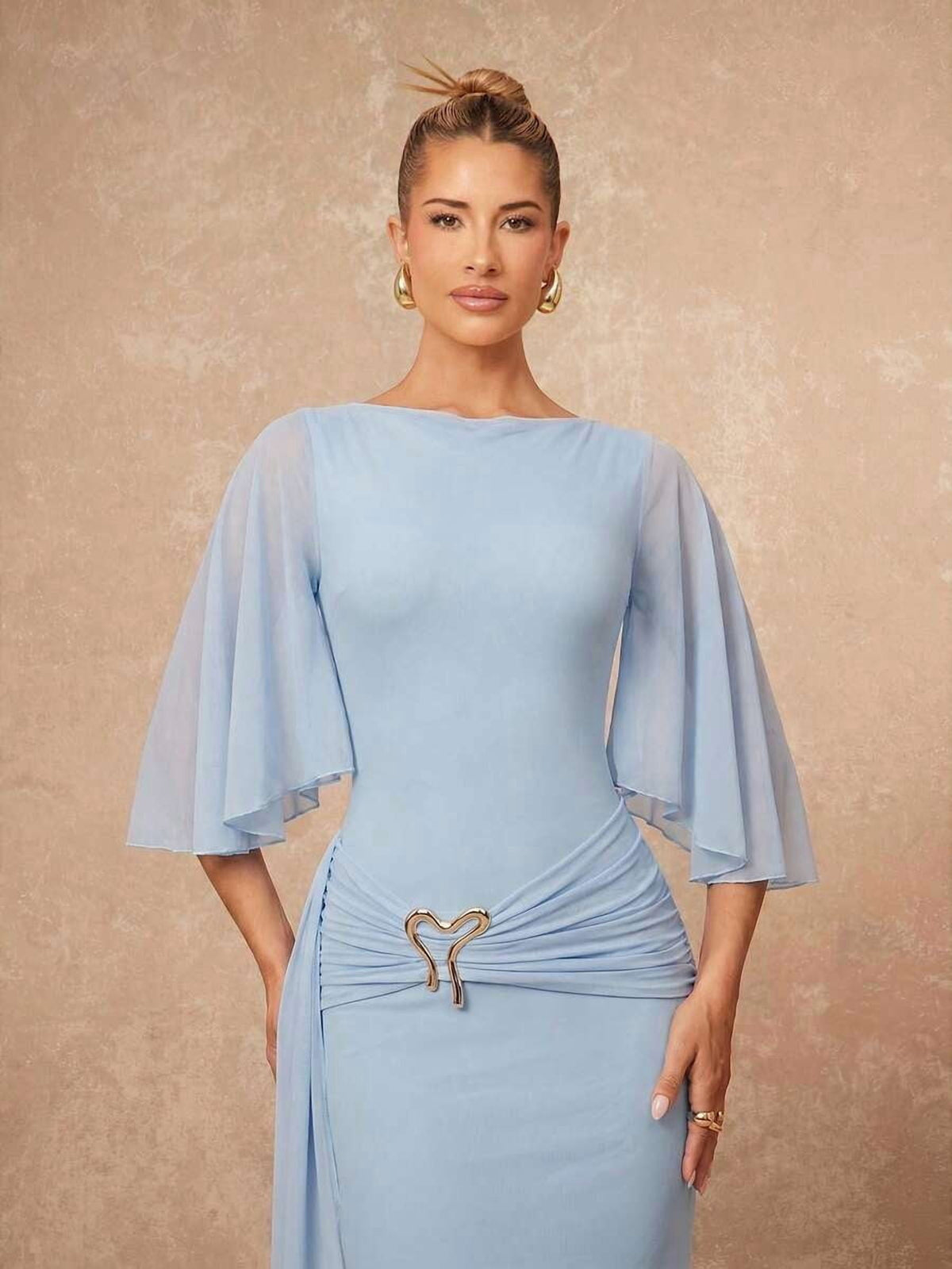 thumbnail image 1 of Elegant Baby Blue Maxi Dress with Sheer Cape Sleeves, Ruched Waist, 1 of 7