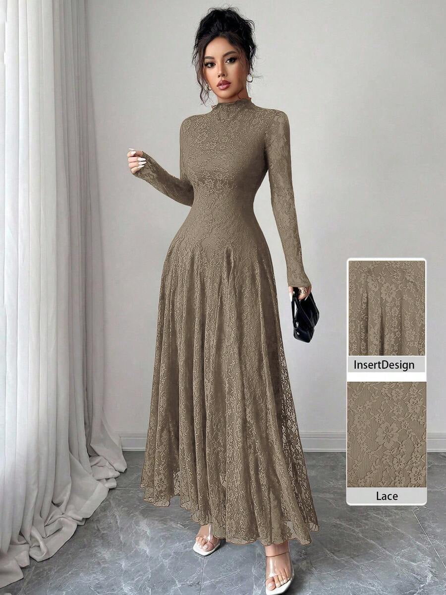 thumbnail image 1 of Elegant Khaki High Neck Sheer Floral Lace Long Sleeve Maxi Dress, Flowy, 1 of 5