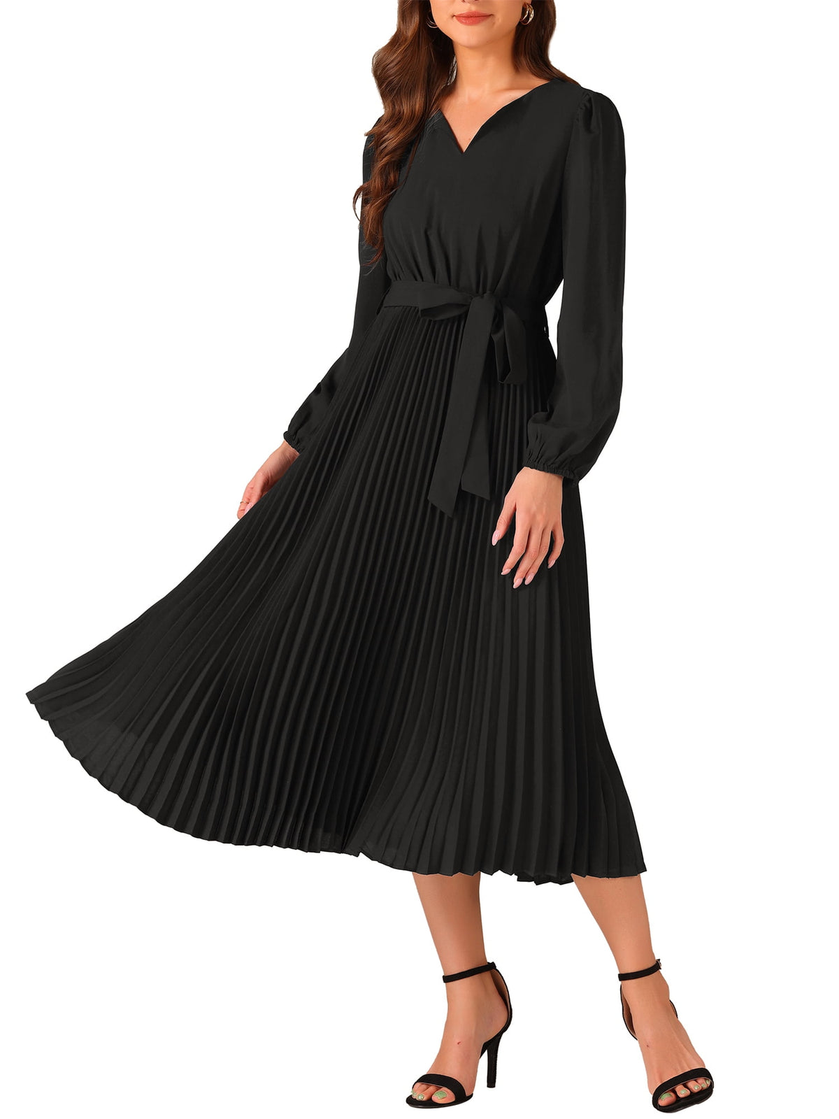 thumbnail image 1 of Elegant Pleated Swing Dress for Women's Solid Sleeveless V-Neck Long Sleeve Wear to Work Black L, 1 of 5