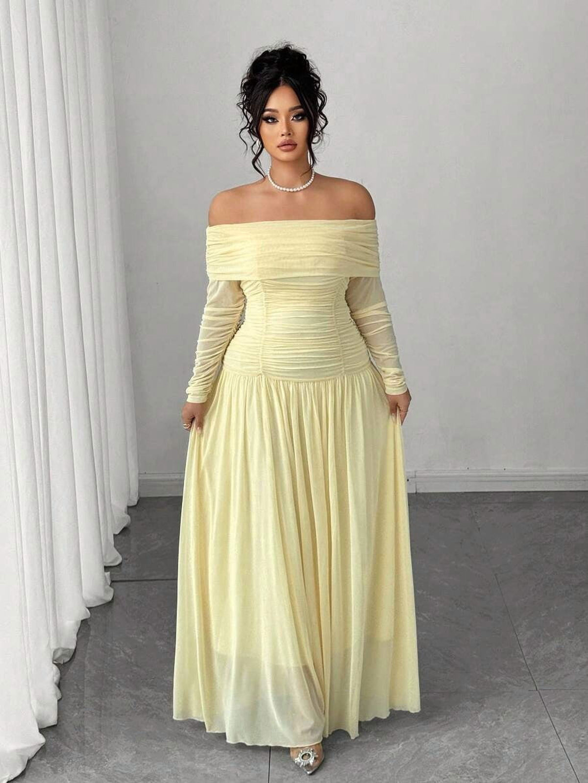 thumbnail image 1 of Elegant Yellow Off-Shoulder Long Sleeve Ruched Bodycon Maxi Dress, 1 of 5