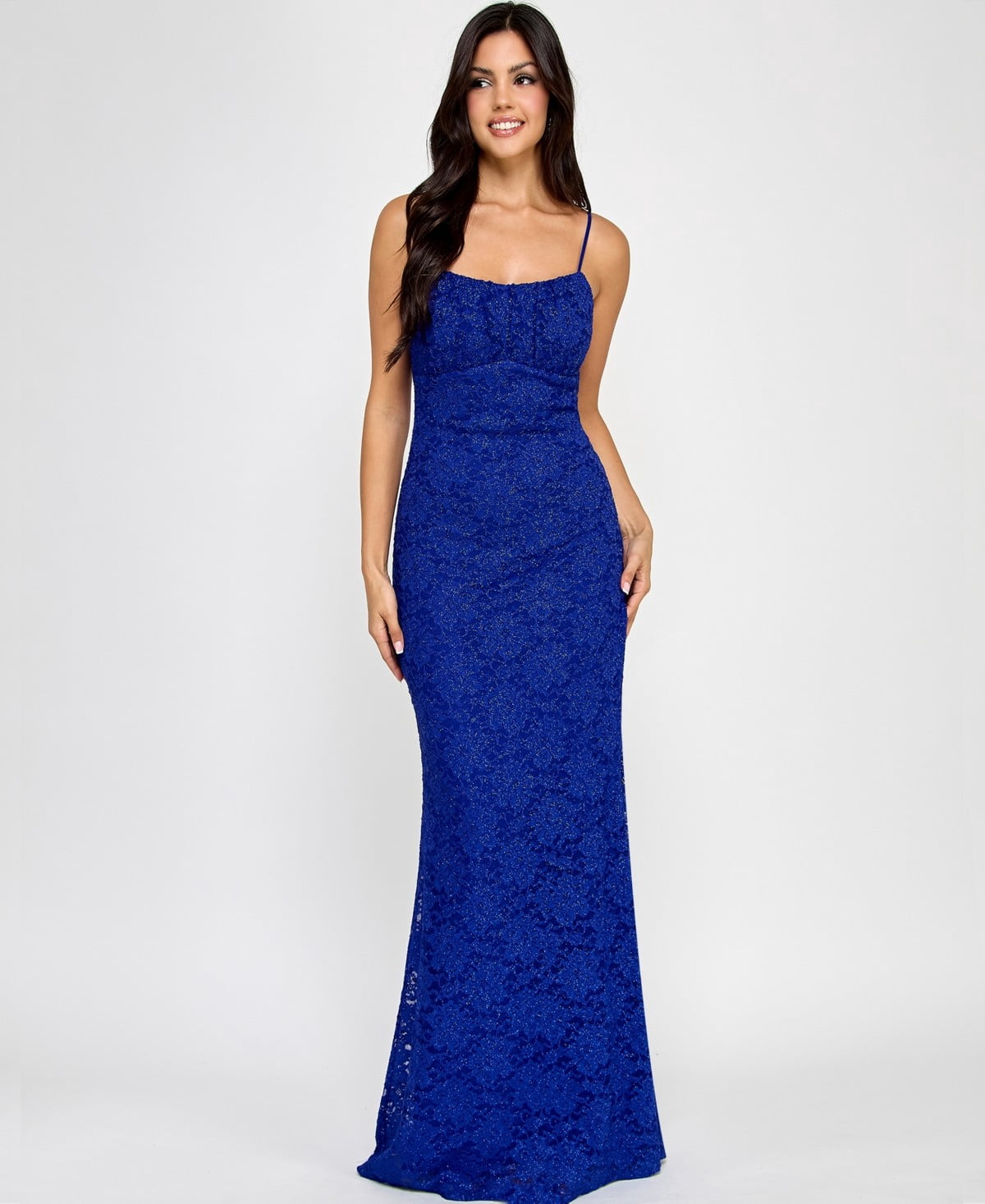 thumbnail image 1 of Emerald Sundae ROYAL BLUE Juniors' Glitter Lace Empire-Waist Gown, US Medium, 1 of 3