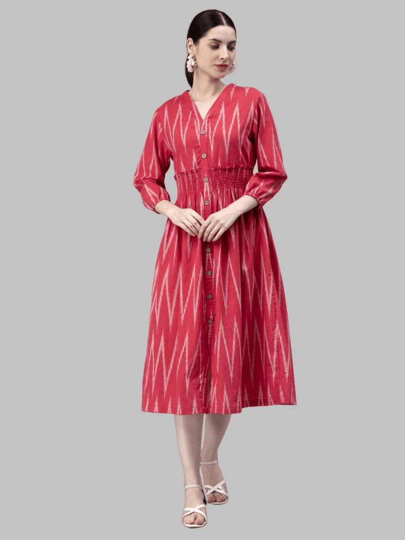 thumbnail image 1 of Entellus Ikkat Flared Knee Length Red Dress with V-Neck, Cotton Fabric, 1 of 4