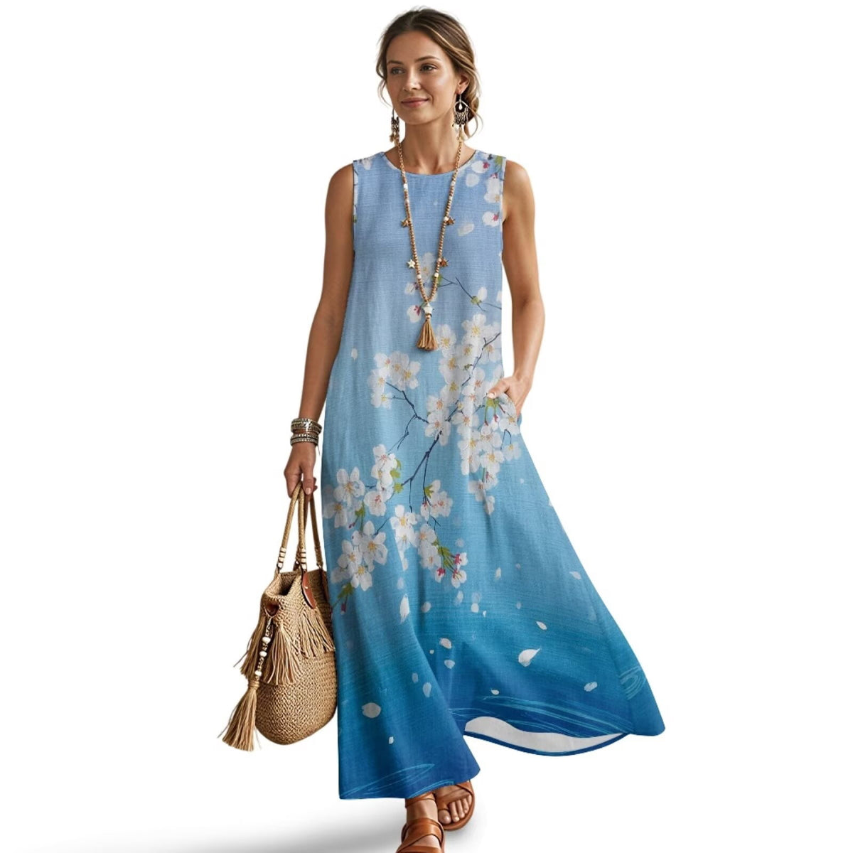 thumbnail image 1 of FKELYI Blue Cherry Flower Print Womens Summer Maxi Dress Faux Linen Tank Dress Crew Neck Beach Dresses with Pockets for Ladies Vacation Outfit Sundress, 2XL, 1 of 7