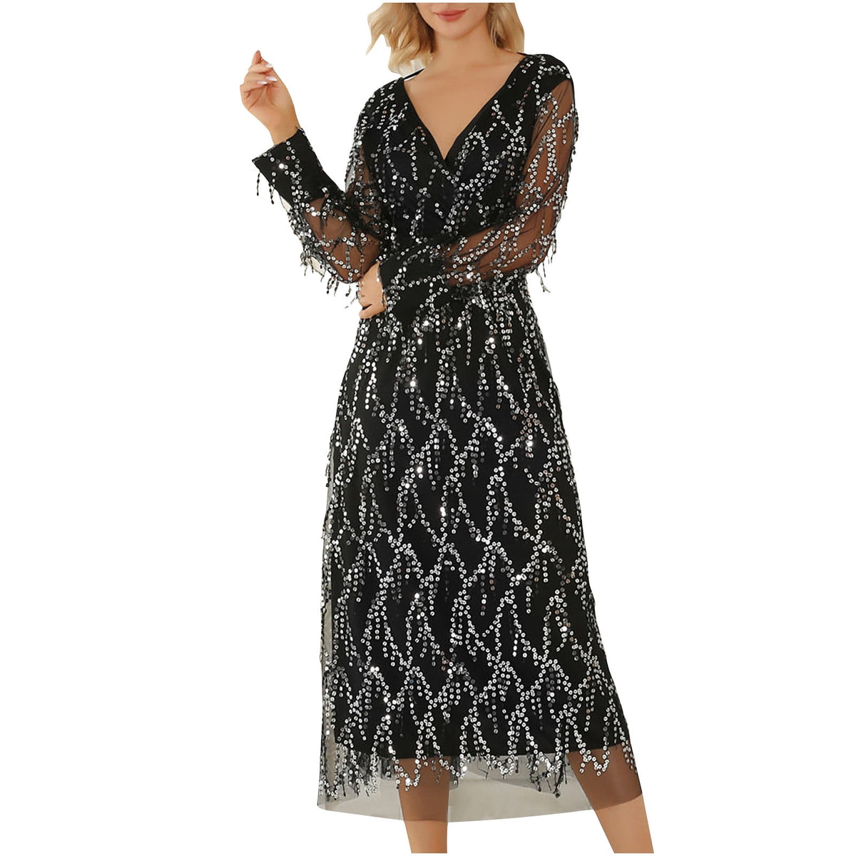 thumbnail image 1 of Zpanxa Dresses for Women 2023 Wedding Guest Long Sleeve V-Neck Sequined Lace Dress Long Formal Party Evening Dress Cocktail Maxi Dresses Black L, 1 of 8