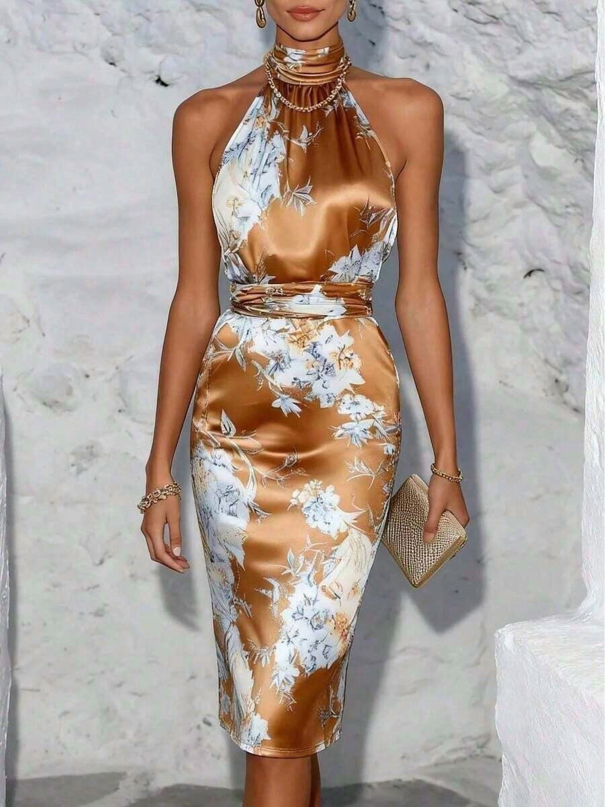 thumbnail image 1 of Floral Print Satin Halter Neck Midi Dress In Bronze Gold, 1 of 7