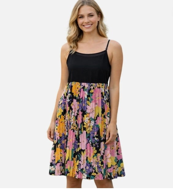 thumbnail image 1 of Gracia Midi Pleated Dress Size Medium Floral Spaghetti Strap Square Neck L, 1 of 1