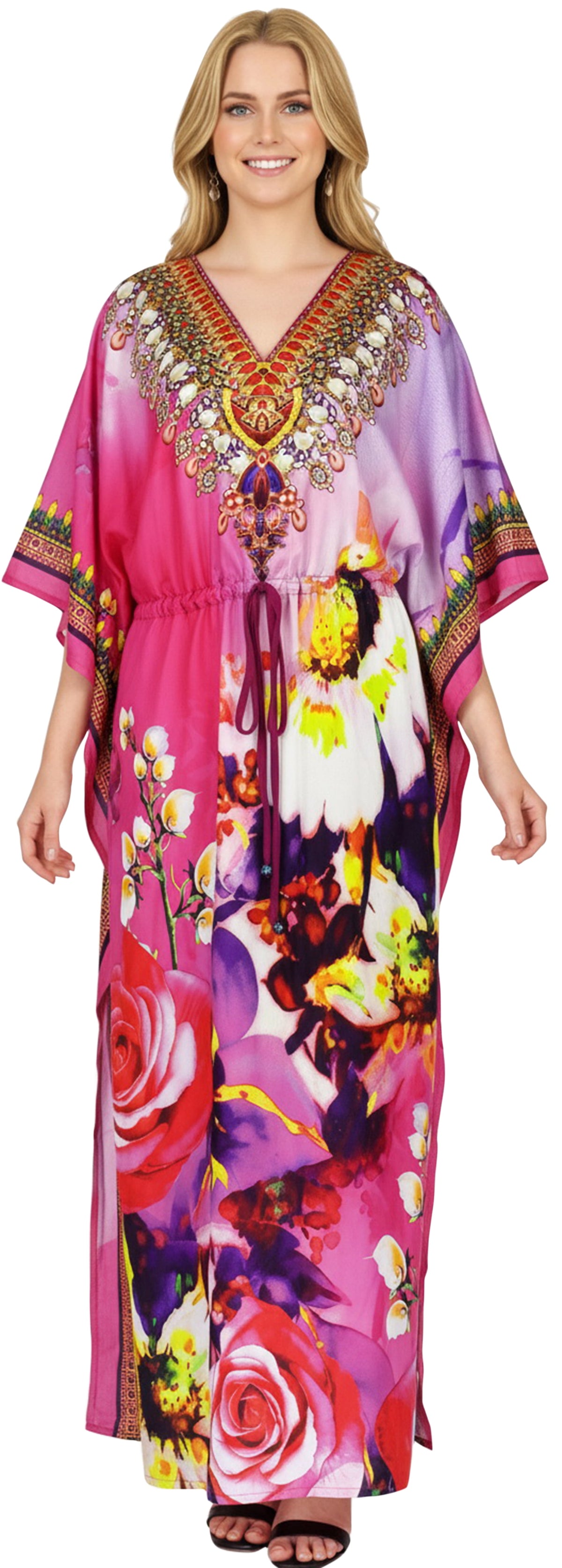 thumbnail image 1 of HAPPY BAY Women's Summer African Beach Maxi Plus Size Ethnic Print Caftan Casual Slit Dress Loungewear Dashiki Dresses for Women 2X-3X Rose, Blossom, 1 of 5