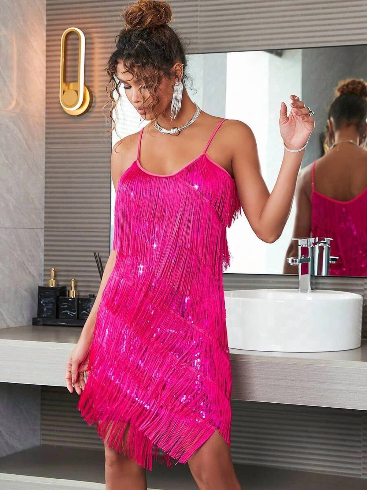 thumbnail image 1 of Hot Pink Sequin Fringe Cami Bodycon Mini Dress For Party Festival Evening, 1 of 22