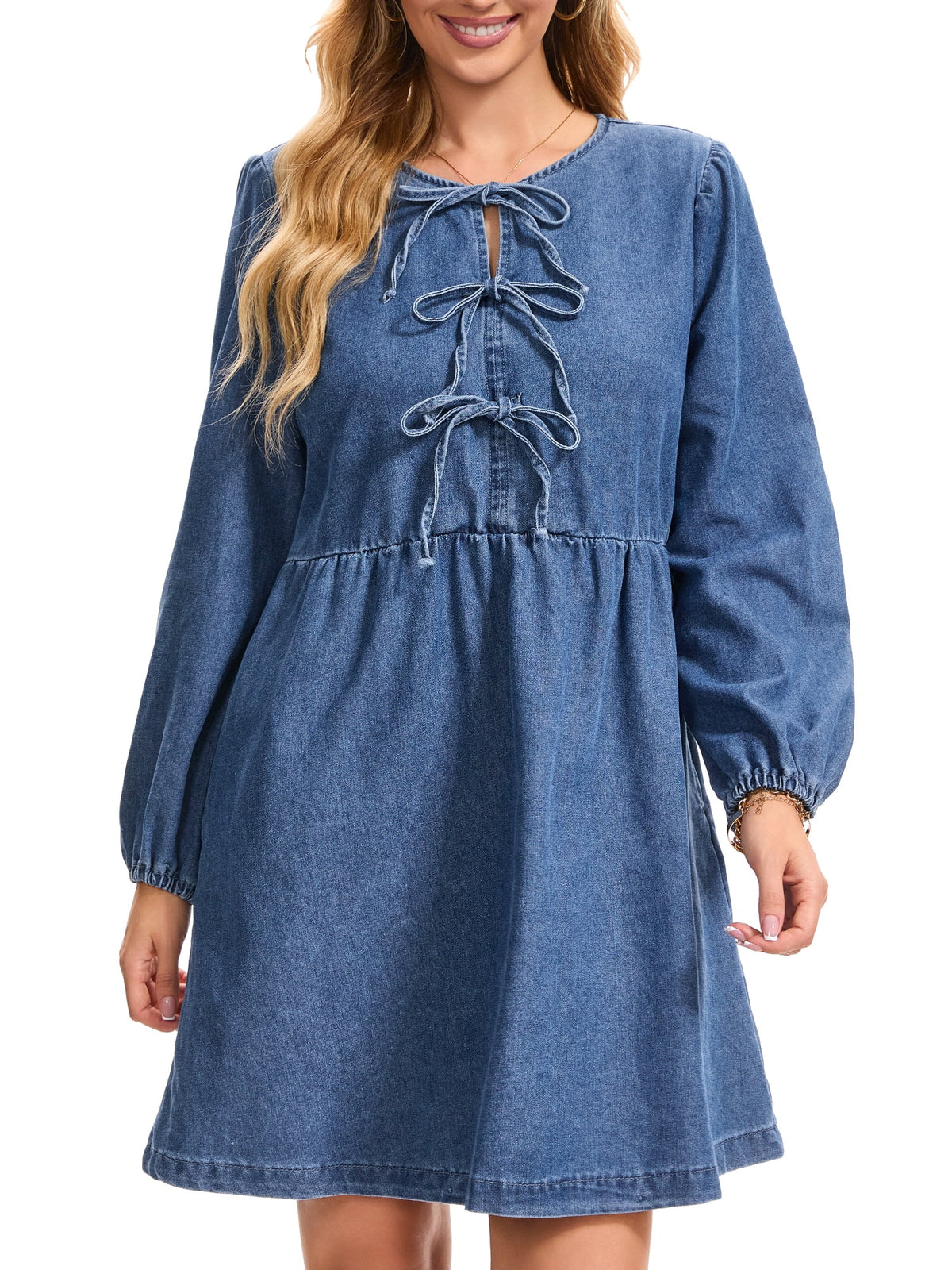 thumbnail image 1 of INSPIRE CHIC Women Denim Dress Bow Tie Front Long Sleeve Babydoll Jean Dresses S Blue, 1 of 6