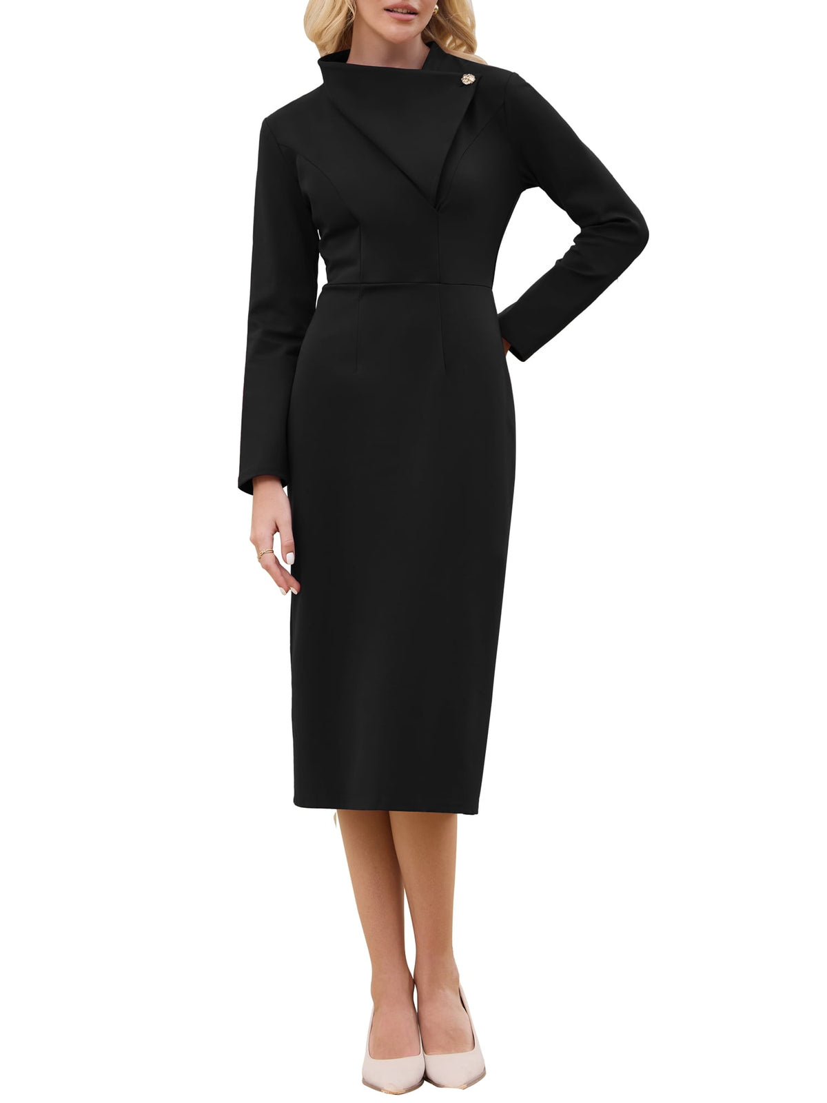 thumbnail image 1 of INSPIRE CHIC Women's Elegant Pencil Dress Lapel V Neck Long Sleeve 2025 Trendy Work Knee Length Dresses S Black, 1 of 5
