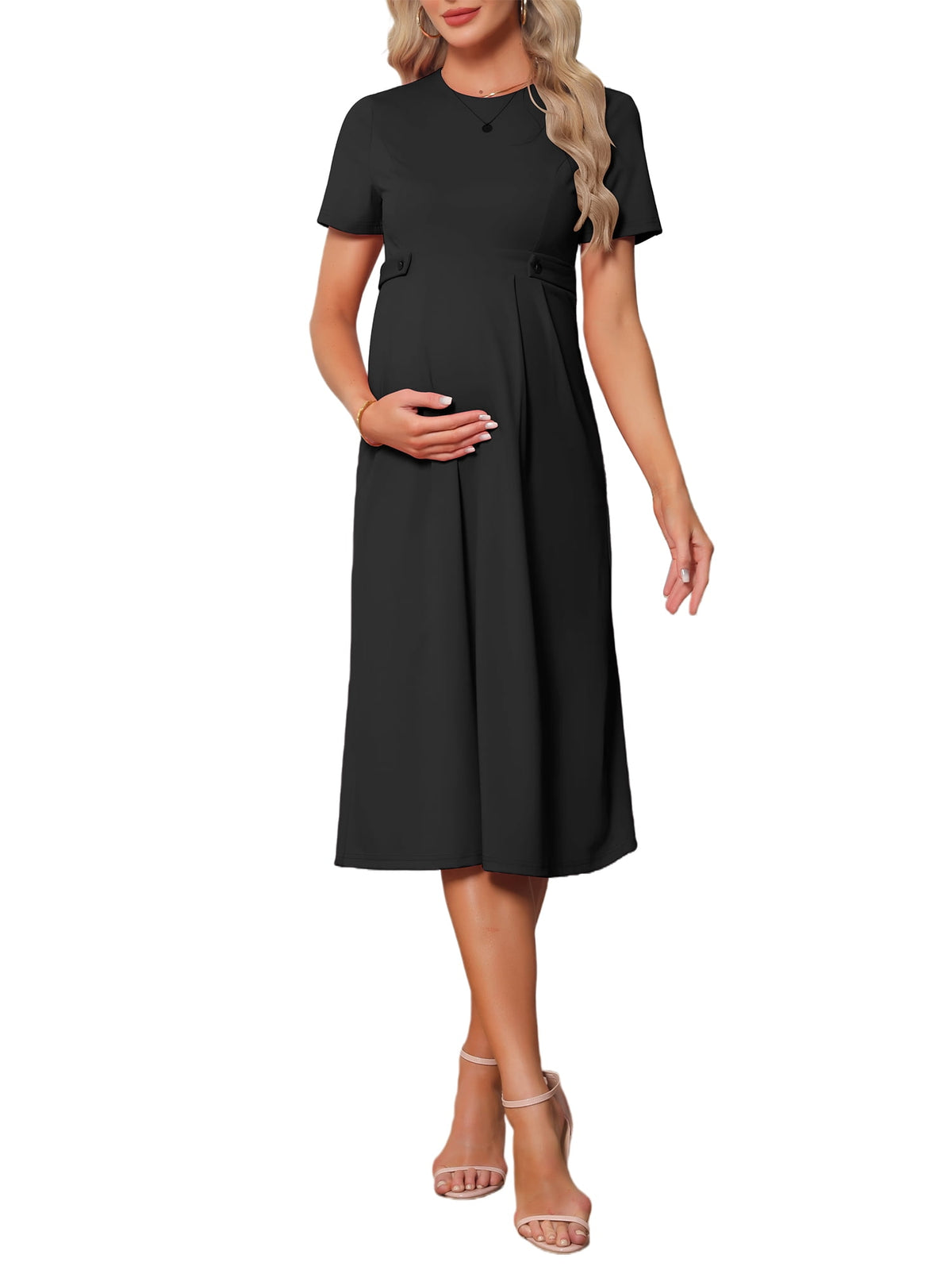 thumbnail image 1 of INSPIRE CHIC Women's Maternity Dress A Line Crewneck Short Sleeves Stretchy Summer Office Work Midi Pregnancy Dresses S Black, 1 of 6