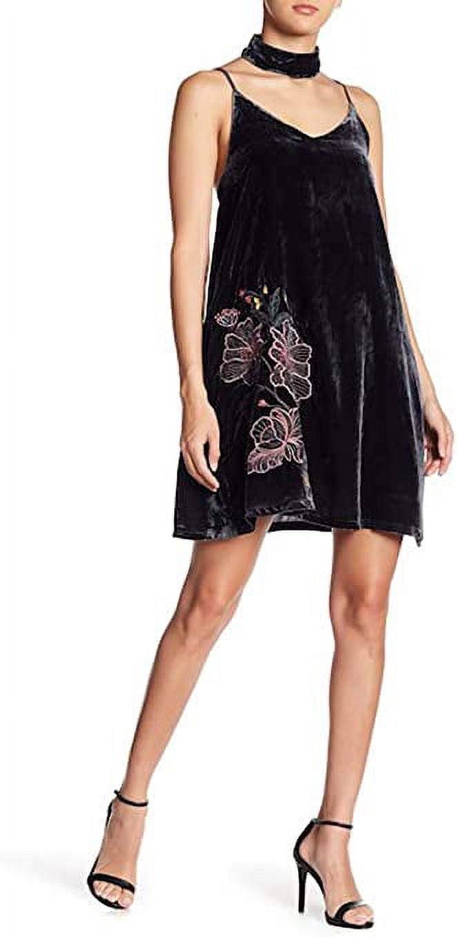 thumbnail image 1 of J.O.A. Choker Embroidered Velvet Mini Dress, Charcoal - Large, 1 of 2