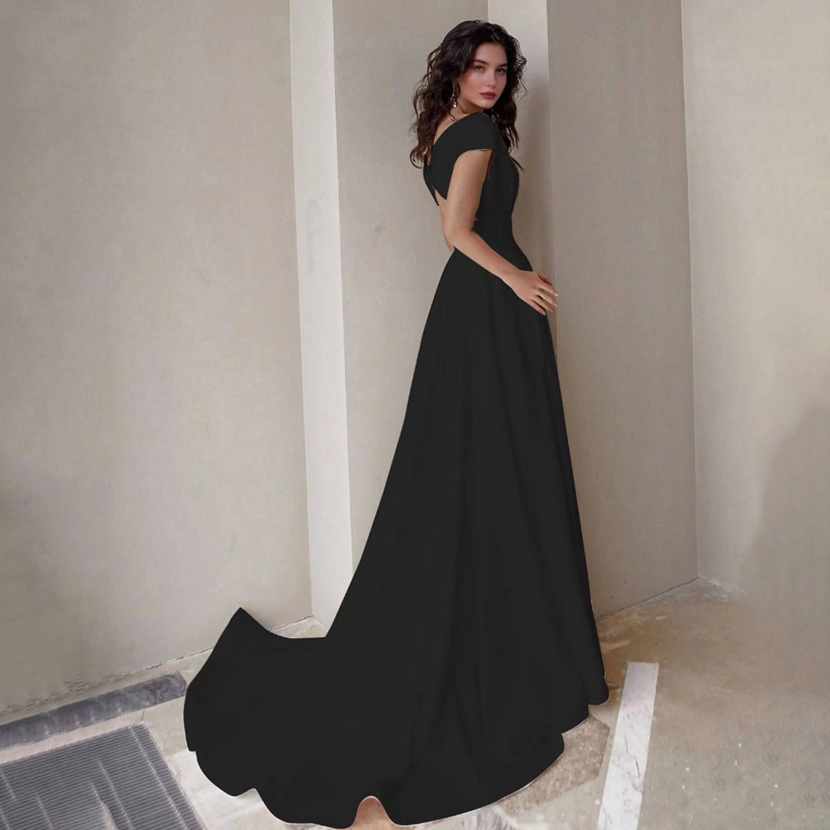 thumbnail image 1 of Joernso Women's Off Shoulder High Split Maxi Dress V Neck Long Prom Dress Formal Cocktail Party Evening Gown with Train, 1 of 8