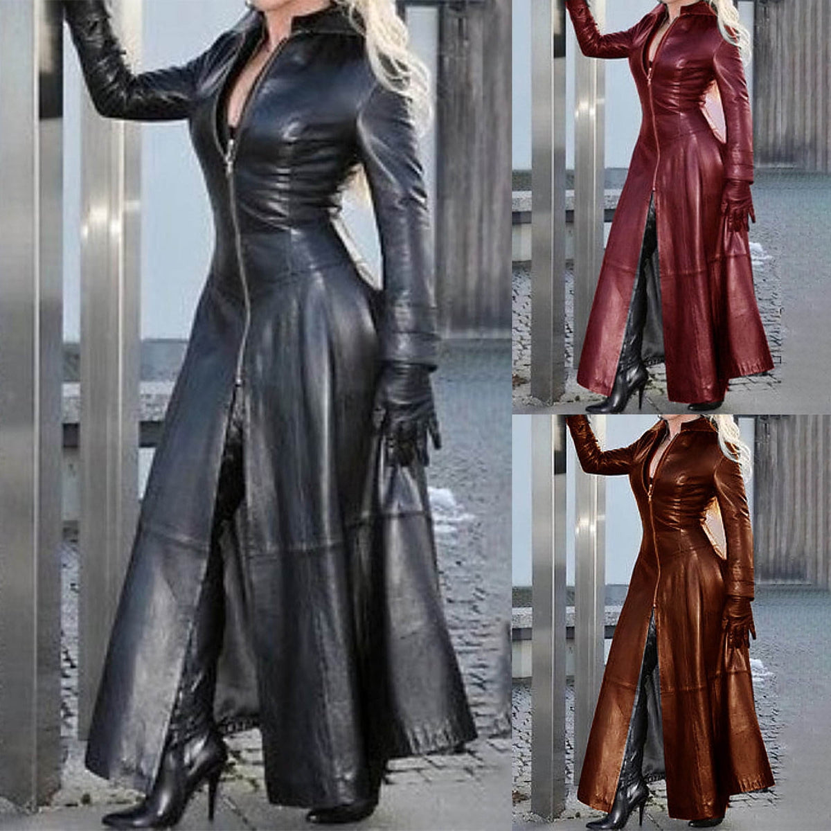 thumbnail image 1 of Juebong Women's Maxi Faux Leather Trench Coat Zip Up Long Overcoat Jacket Front Split Elegant Motorcycle Coats Pu Moto Biker Dress Black,S, 1 of 7
