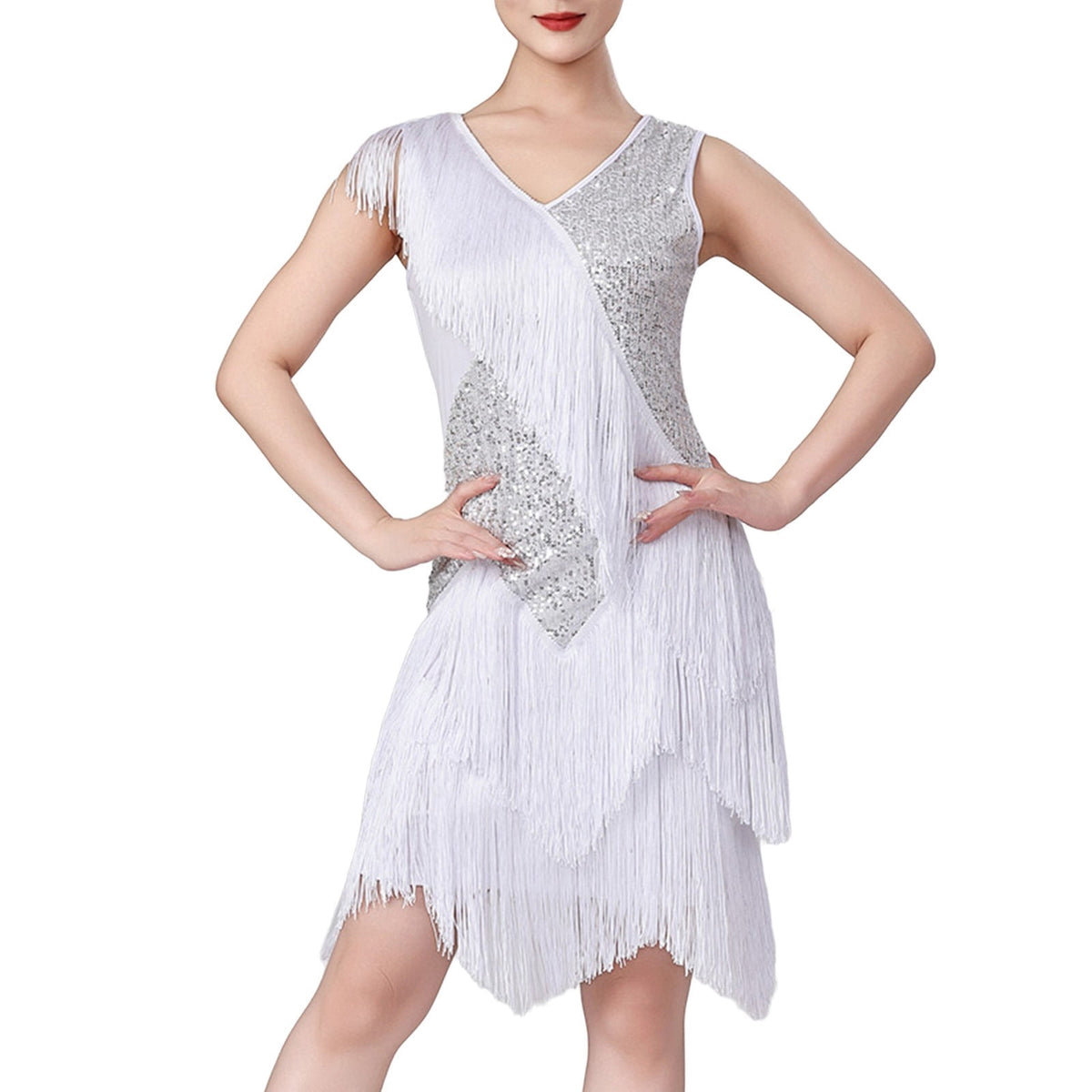 thumbnail image 1 of KHONTS Women's Salsa Latin Dance Dress Sequin Tassel Fringe Flapper Dress Tango Ballroom Dancing Dress White XL, 1 of 4