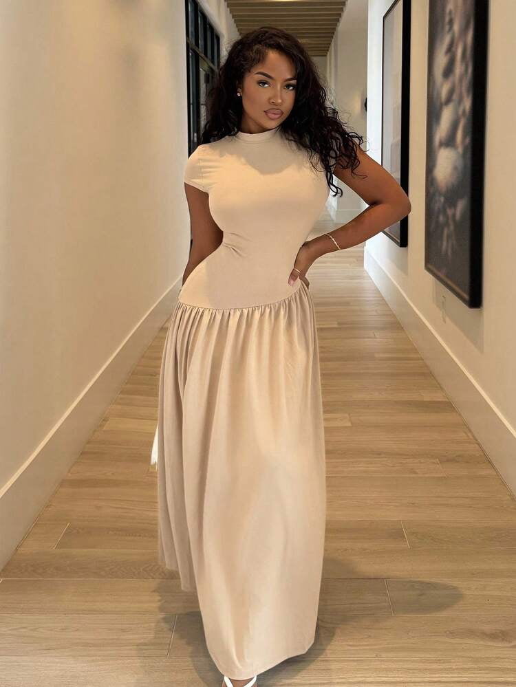thumbnail image 1 of Khaki Asymmetrical A Line Midi Dress With Stand Collar And Cinch Waist, 1 of 6