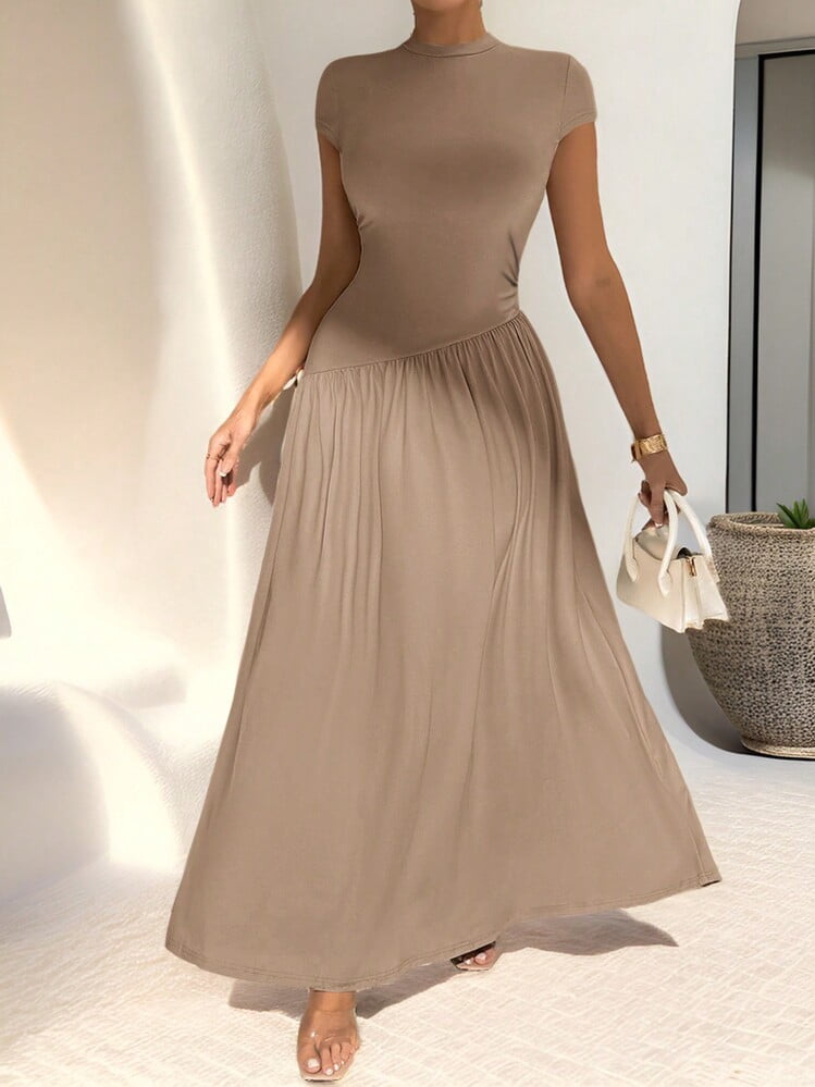 thumbnail image 1 of Khaki Short Sleeve Fitted Stand Collar A-Line Long Dress, 1 of 9