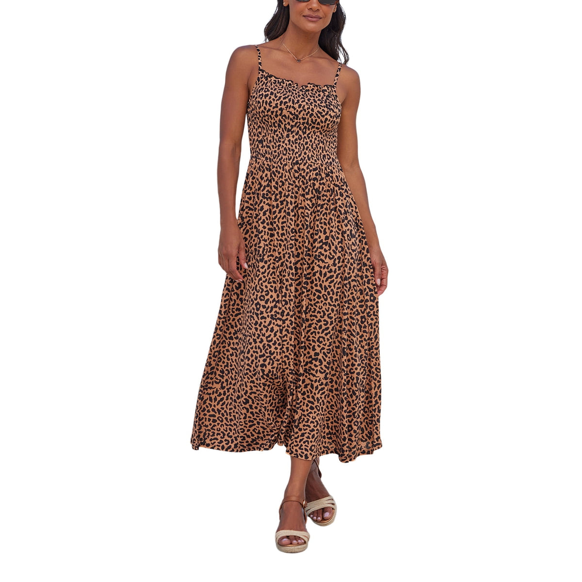 thumbnail image 1 of LASCANA Women's Smocked Leopard Cheetah Print Dress Smocking, 1 of 5