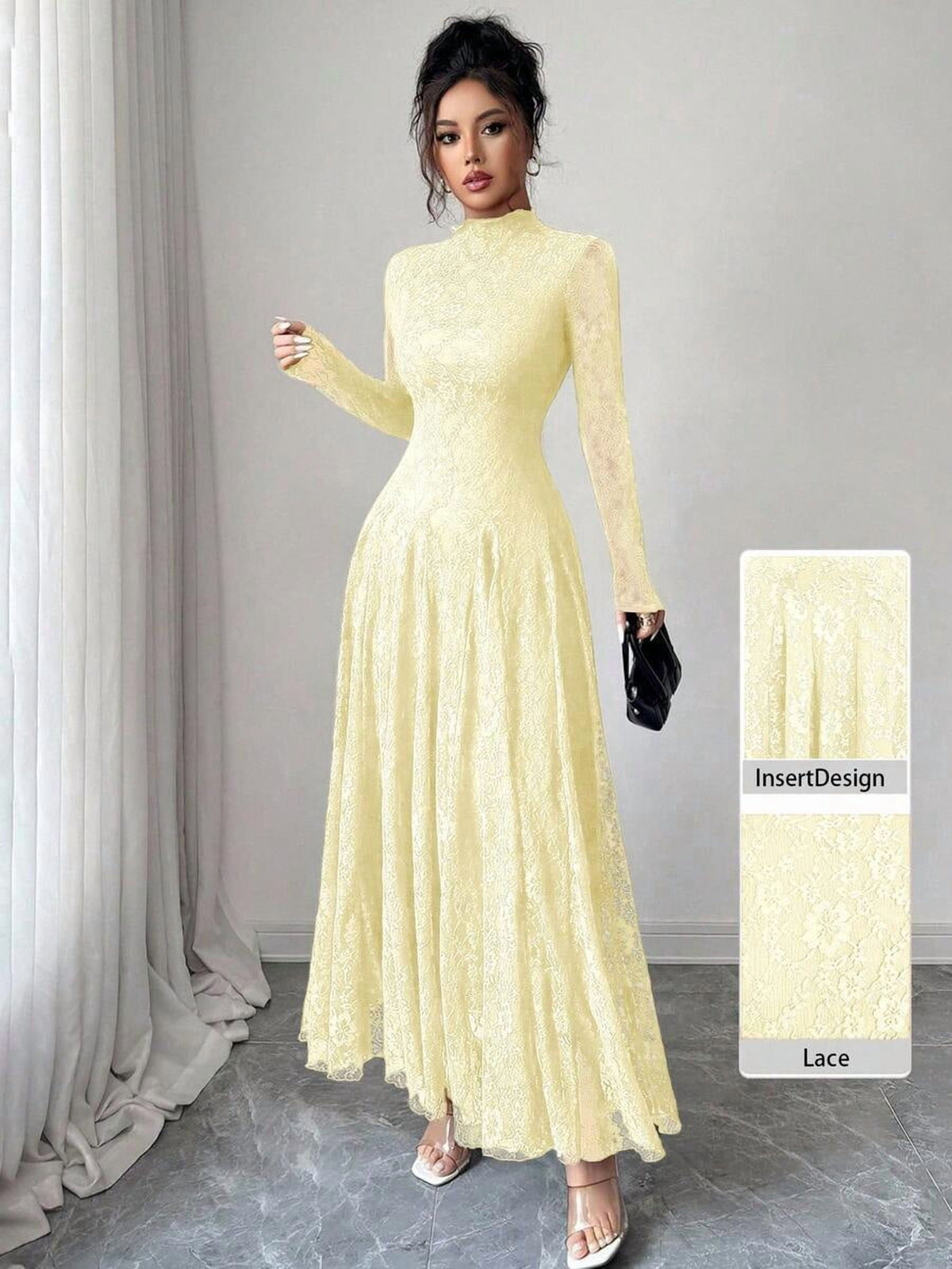 thumbnail image 1 of Light Yellow High Neck Sheer Floral Lace Long Sleeve Maxi Dress, Flowy, 1 of 5