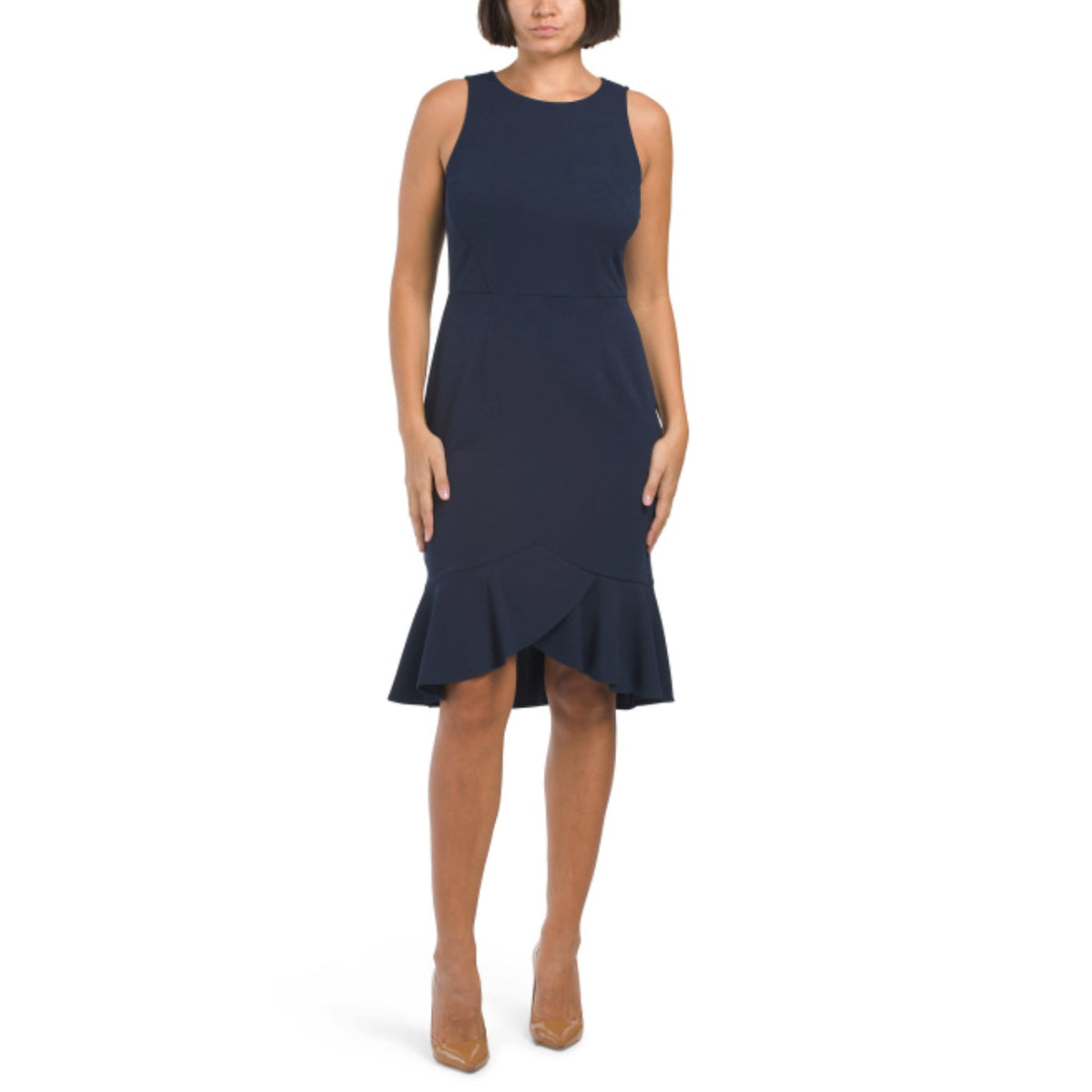 thumbnail image 1 of London Times Women's Scuba Crepe Ruffle Hi-low Hem Midi Dress-Navy / 14, 1 of 6