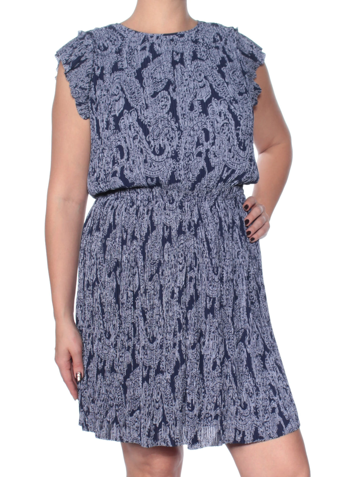 thumbnail image 1 of MICHAEL KORS $165 Womens New 1841 Navy Printed Pleated Blouson Dress 14 B+B, 1 of 2
