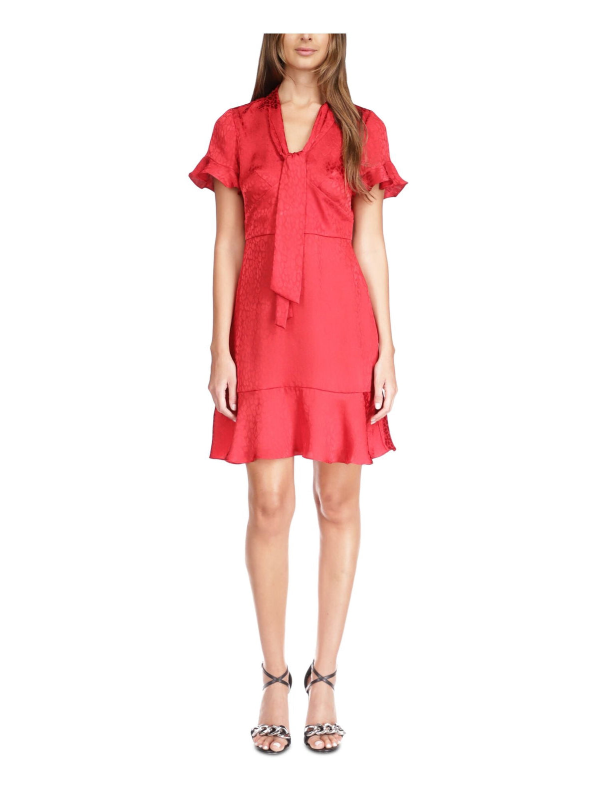thumbnail image 1 of MICHAEL MICHAEL KORS Womens Red Ruffled Pullover Tie Detail Short Sleeve V Neck Short Party Fit + Flare Dress S, 1 of 2