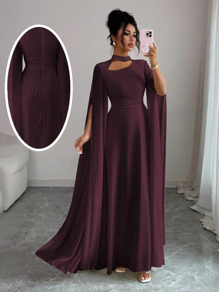 thumbnail image 1 of Maroon Elegant Long Sleeve Cape Dress with Keyhole Neckline, 1 of 8