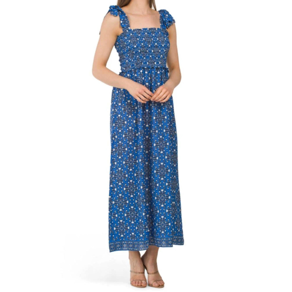 thumbnail image 1 of Max Studio Women's Tie Strap Smocked Bodice Floral Print Maxi Dress-Blue / S, 1 of 5