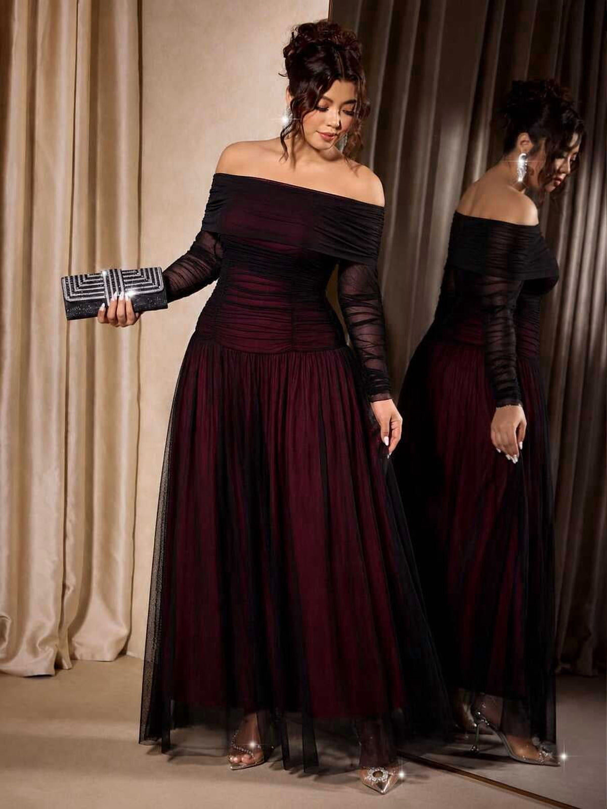 thumbnail image 1 of Multicolor Elegant Off-Shoulder Long Sleeve Bodycon Dress, 1 of 7