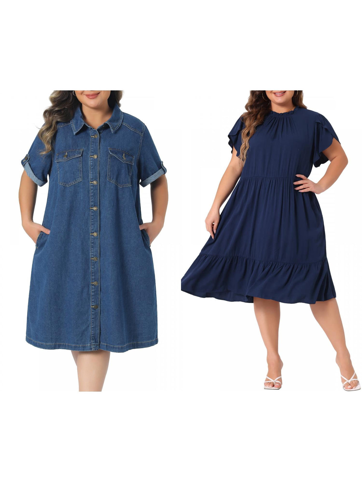 thumbnail image 1 of NOMADIC NOOK Women's Plus Size Two Pieces Solid Dresses and Denim Dresses Button Down Lapel Short Sleeve Jean Dress with Pockets 4X Navy Blue/Blue, 1 of 7