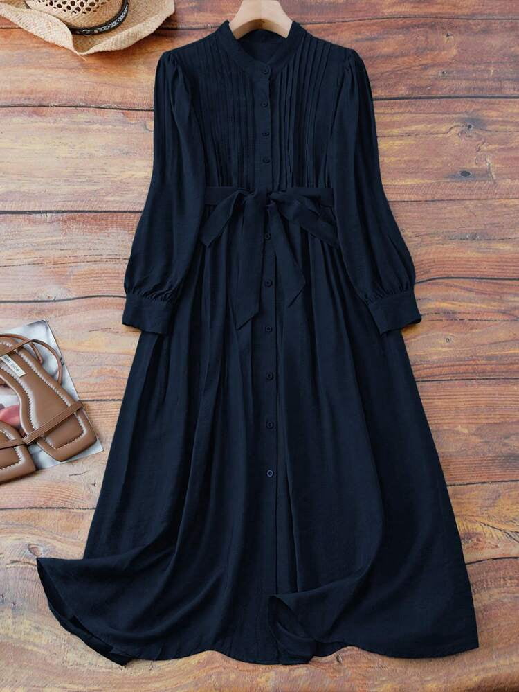 thumbnail image 1 of Navy Blue Pleated Waist Long Sleeve Button Front Dress, 1 of 3
