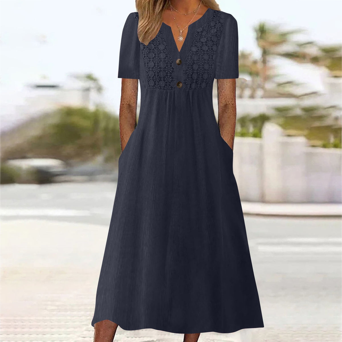 thumbnail image 1 of Nfurl Womens Spring Dresses Elegant Embroidery V Neck Short Sleeve A Line Dress Casual Cotton Linen Summer Vacation Going Out Midi Long Dresses Navy L, 1 of 5