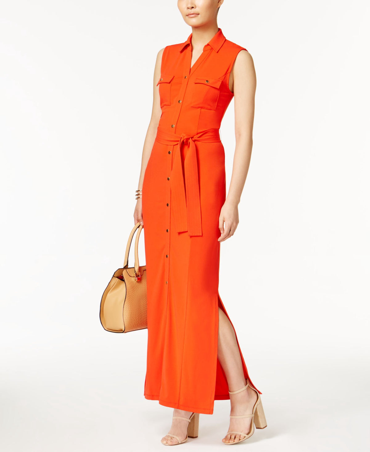 thumbnail image 1 of Olivia Grace Belted Maxi Shirtdress Fiery Red XS, 1 of 1