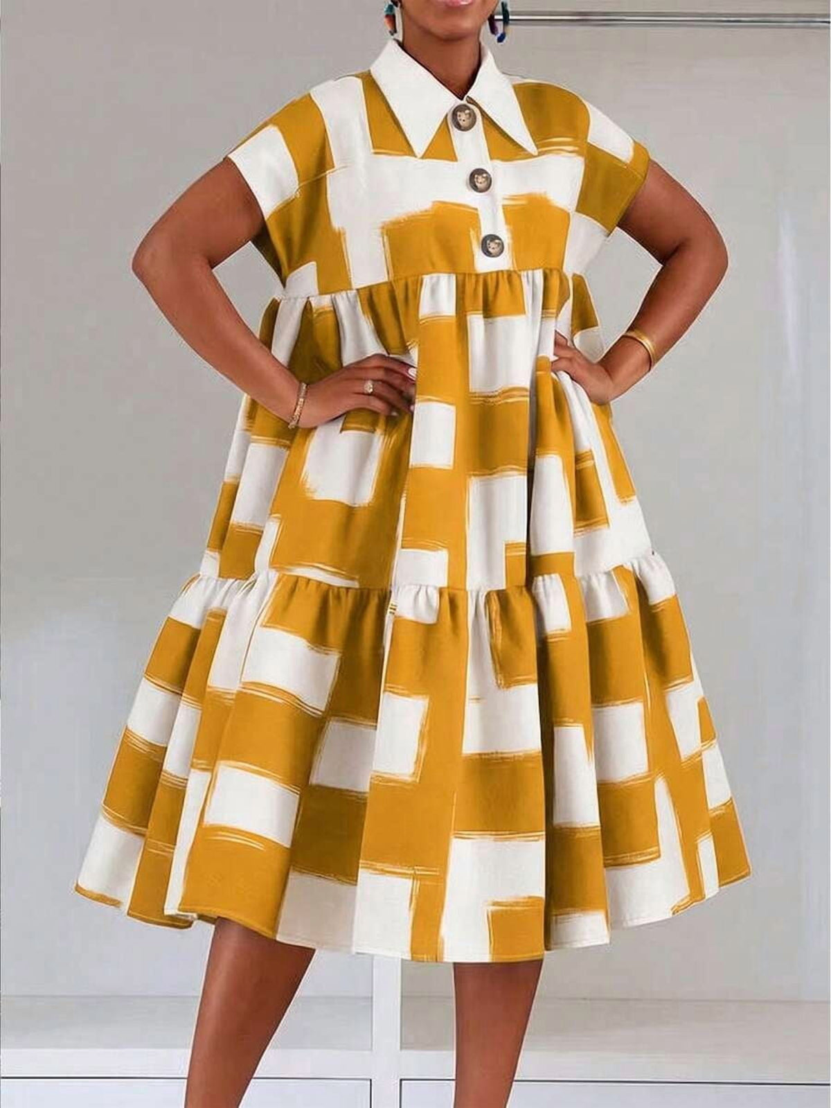 thumbnail image 1 of Orange Plus Size Yellow Color Block Print Ruffle Collar Dress, Tiered Midi, 1 of 7