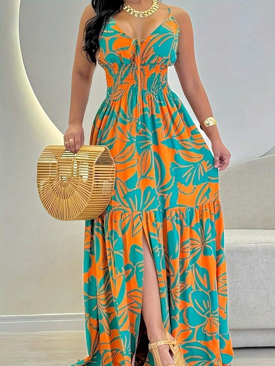 thumbnail image 1 of Orange Tropical Print Maxi Dress With Spaghetti Straps And Side Slit, 1 of 4