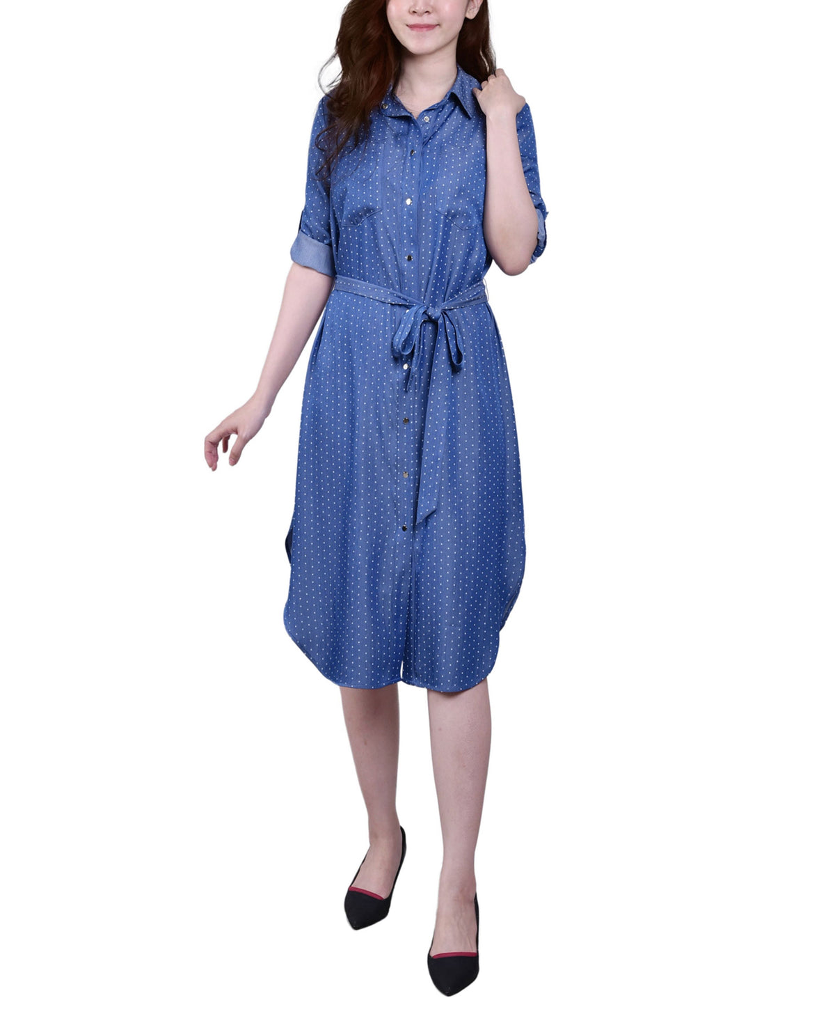 thumbnail image 1 of Petite 3/4 Roll Tab Sleeve Denim Dress Medium Dot PL, 1 of 1