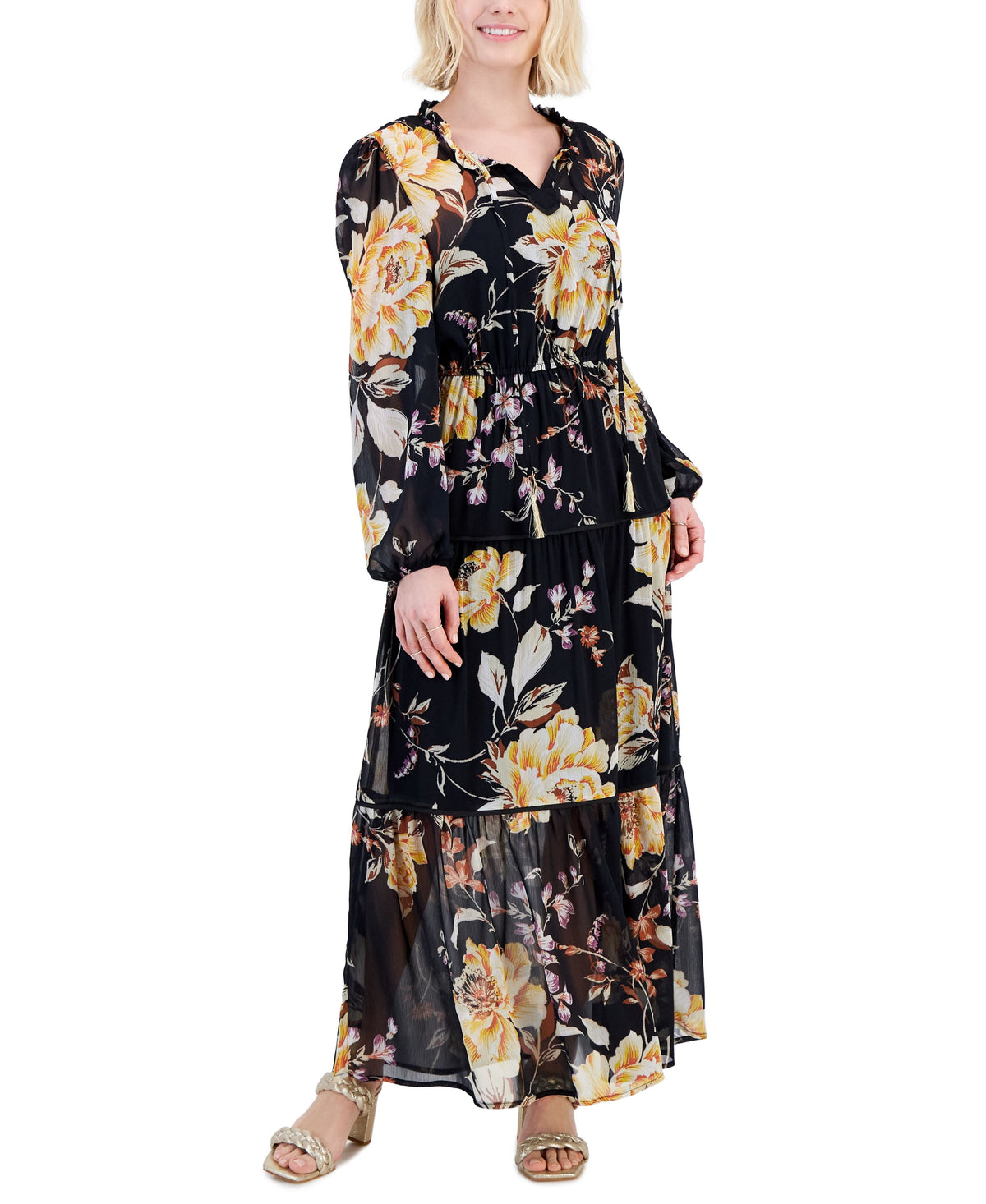 thumbnail image 1 of Petite Tiered-Skirt Tie-Neck Blouson-Sleeve Dress Navy Rose Floral PL, 1 of 1