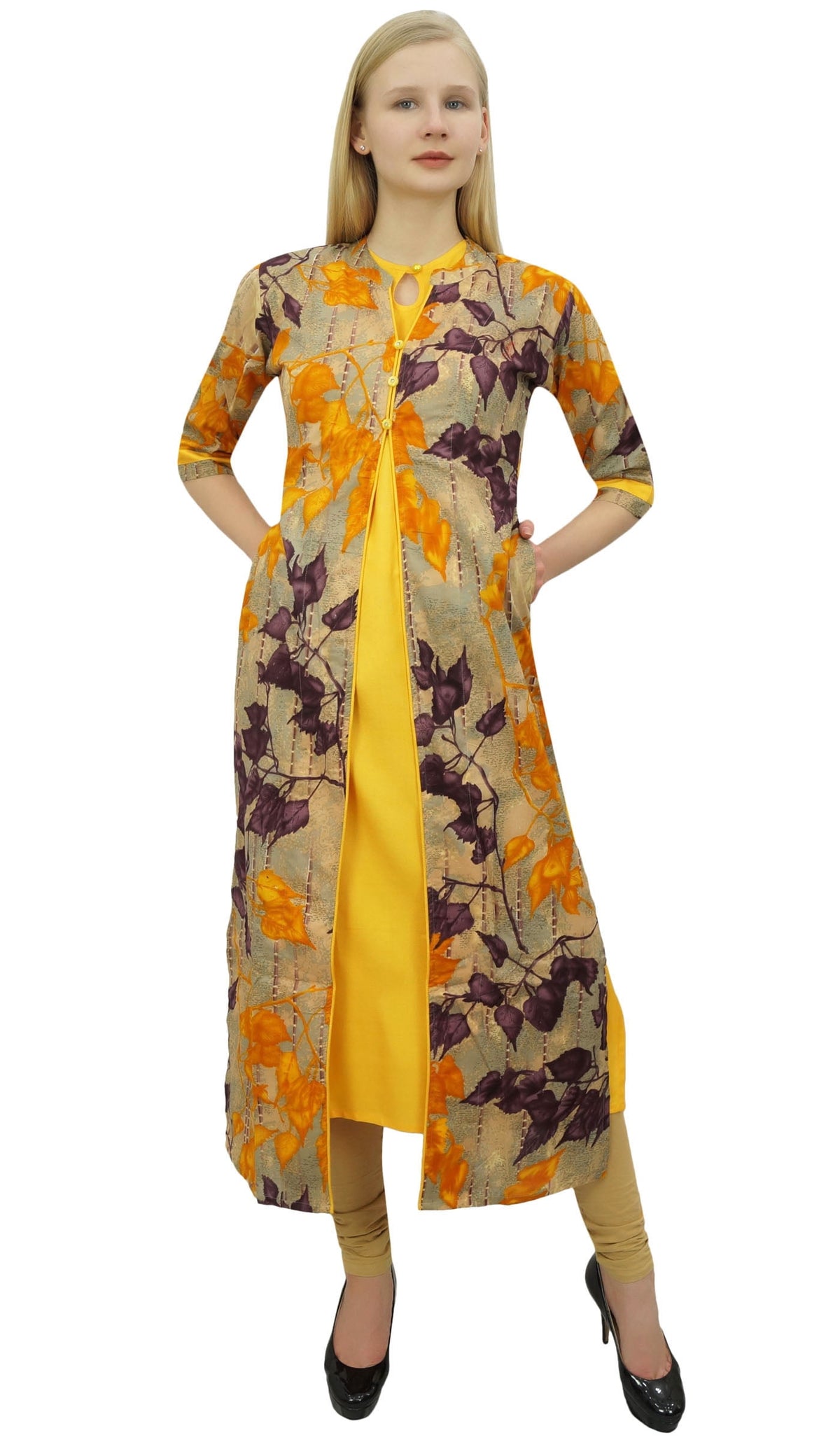 thumbnail image 1 of Phagun Women's 2 Pcs Yellow Kurta With Jacket Dress Indian Designer Clothing, 1 of 2