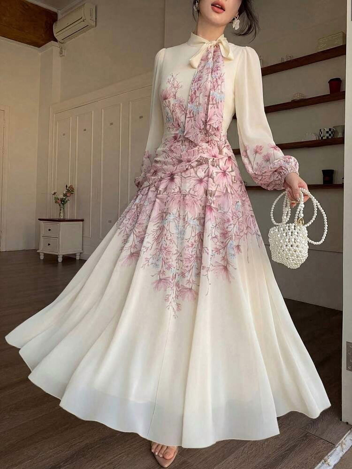 thumbnail image 1 of Pink Floral Print Long Sleeve Midi Dress with Bow Neckline, 1 of 8