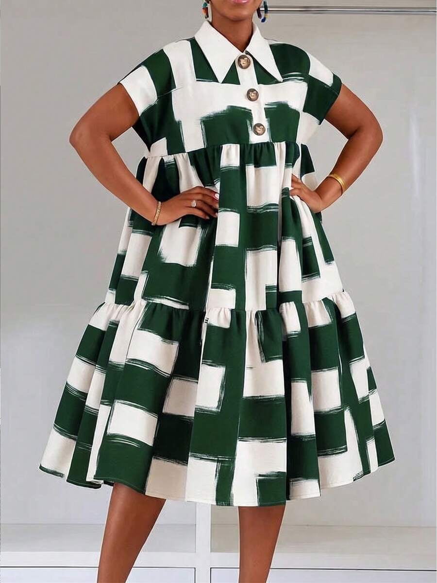 thumbnail image 1 of Plus Size Dark Green Brushstroke Print Ruffle Collar Dress, Tiered A-Line, 1 of 7