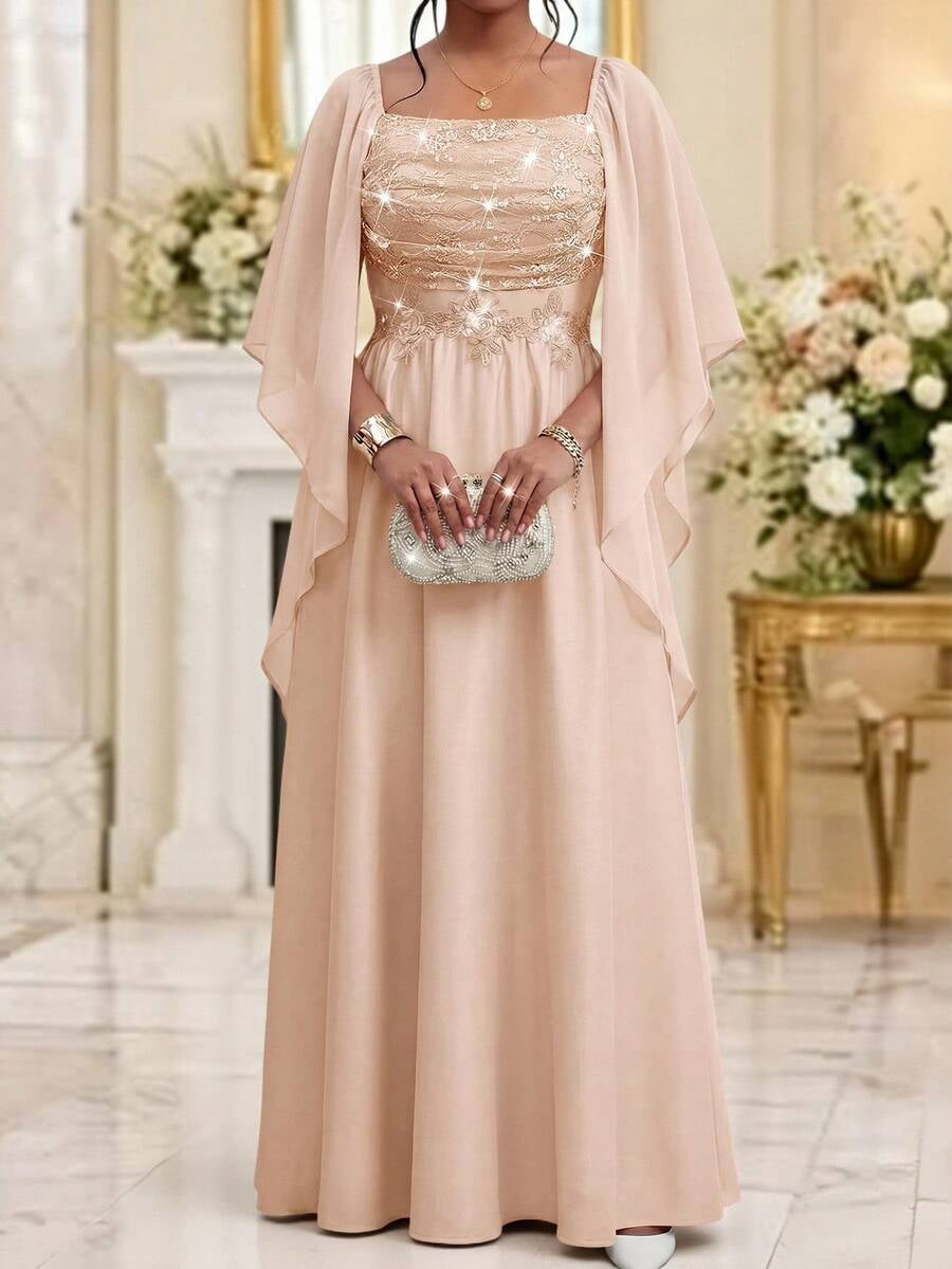 thumbnail image 1 of Plus Size Elegant Baby Pink Evening Dress With Lace Bodice And Cape, 1 of 7