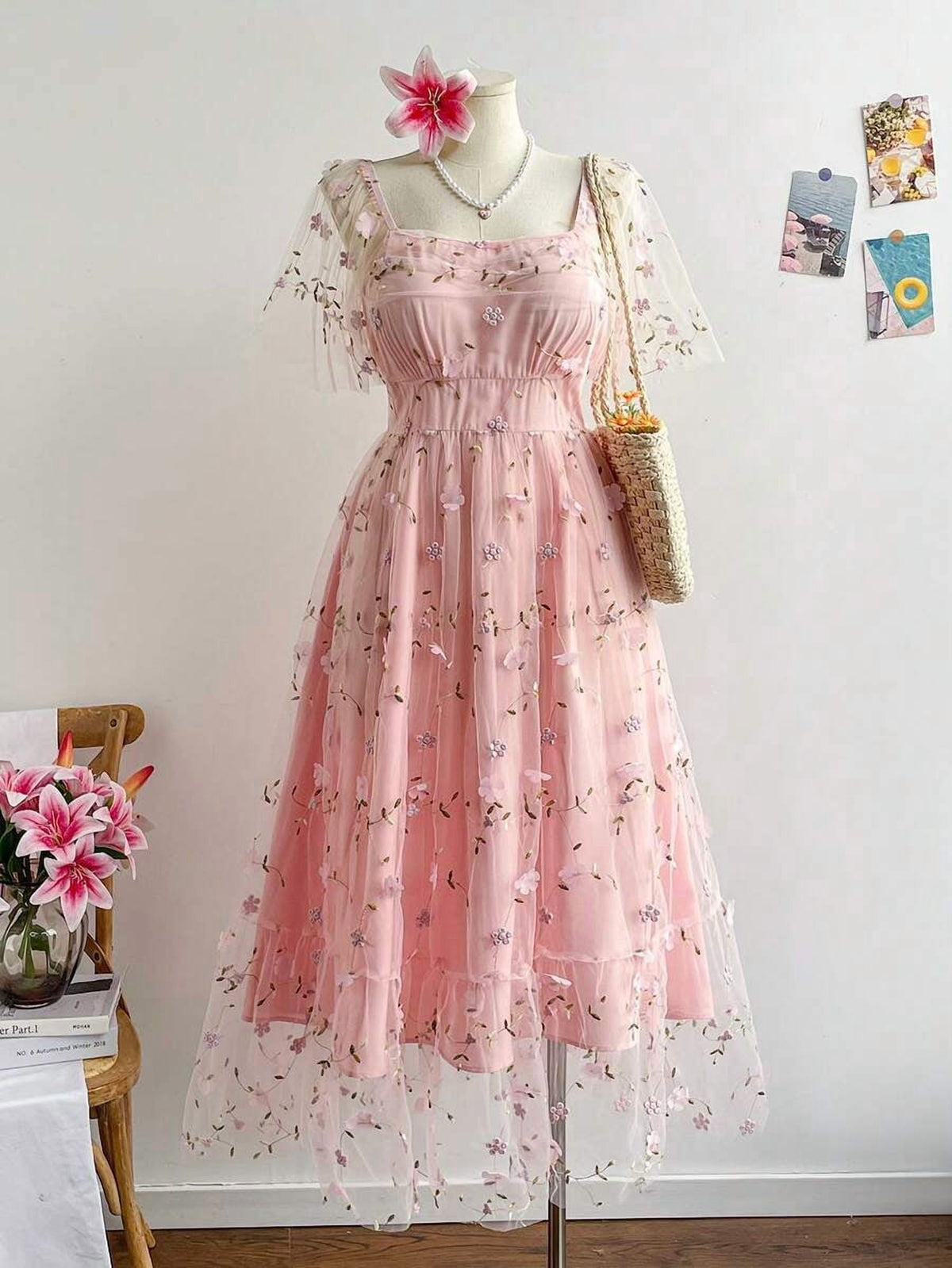 thumbnail image 1 of Plus Size Pink Chiffon Midi Dress, Summer Floral Embroidered Short Sleeve, 1 of 8