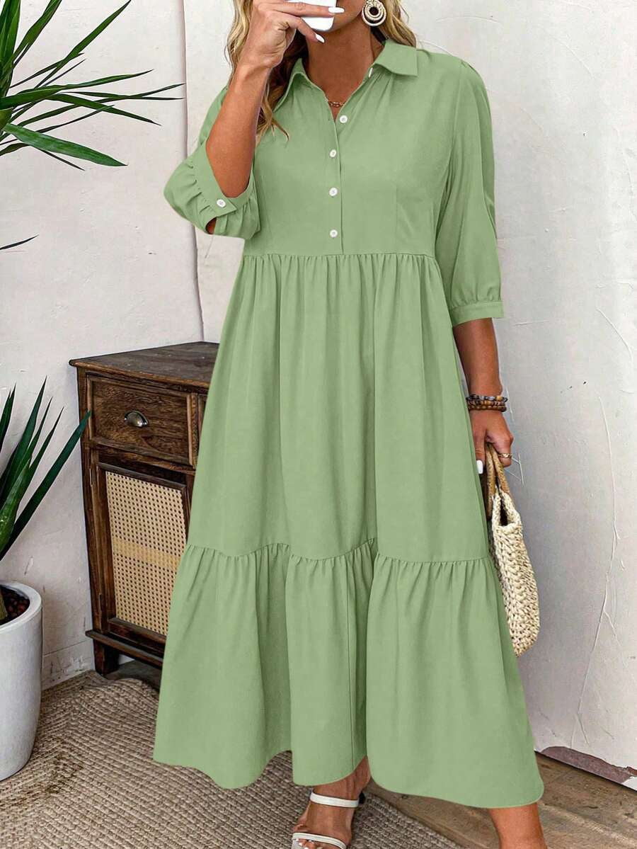 thumbnail image 1 of Plus Size Solid Green Midi Dress with Ruched Front and Button Detail, 1 of 6