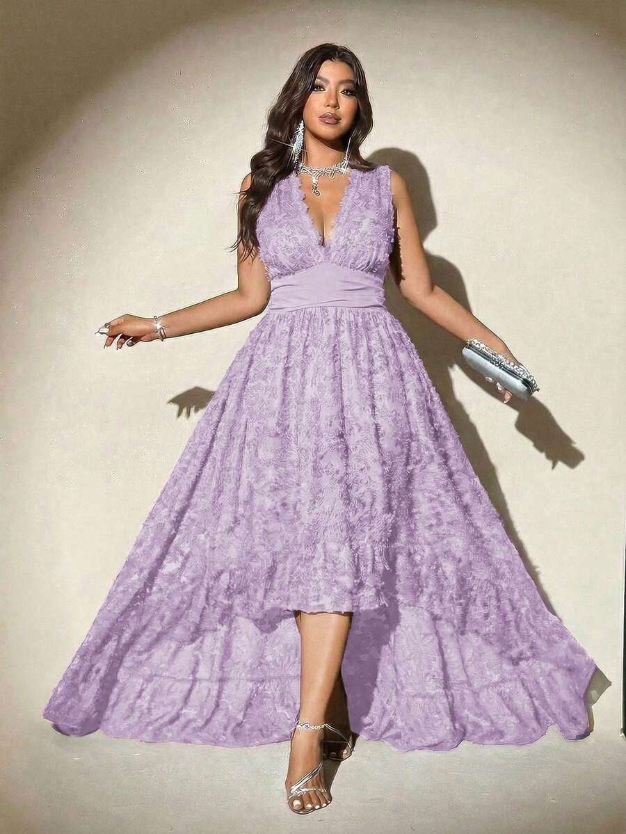 thumbnail image 1 of Plus Size V-Neck Waist Lace Slim Elegant Dress - Purple, 1 of 7