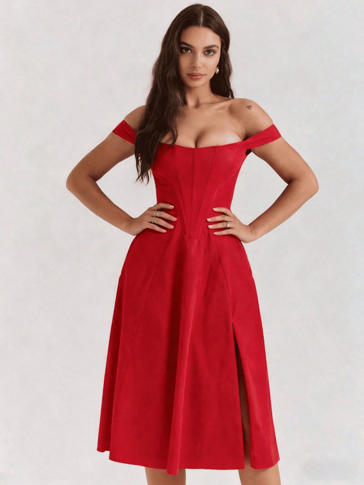 thumbnail image 1 of Red Off-the-Shoulder Corset Midi Dress with Side Slit, 1 of 2