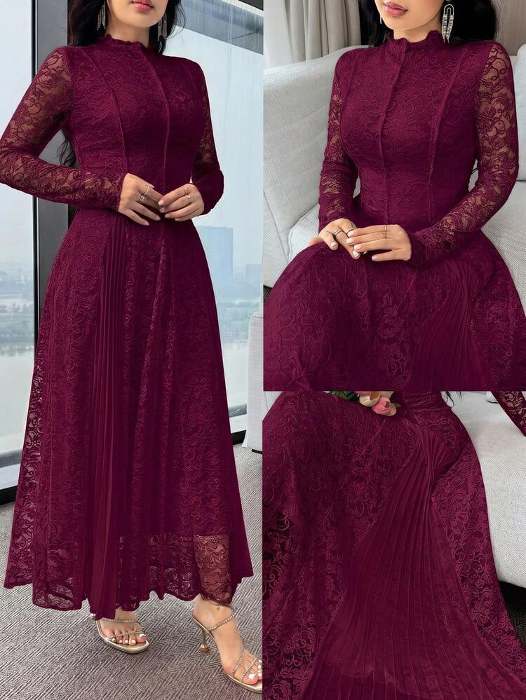 thumbnail image 1 of Red Violet Floral Lace Long Sleeve Pleated Hem Elegant Maxi Dress, 1 of 7