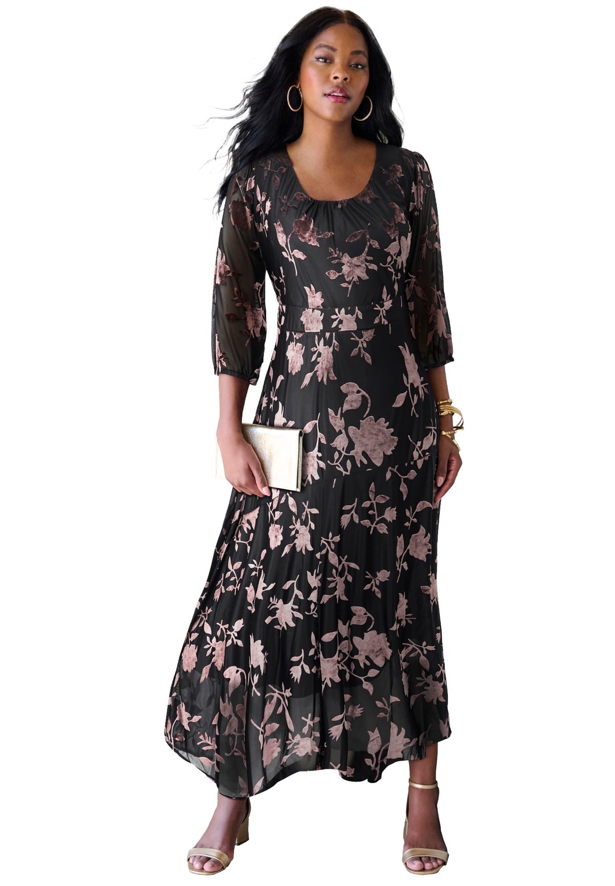thumbnail image 1 of Roaman's Women's Plus Size Plus-Size Velvet 3/4 Sleeve Burnout Overlay Dress With Sheer Sleeves, 1 of 4