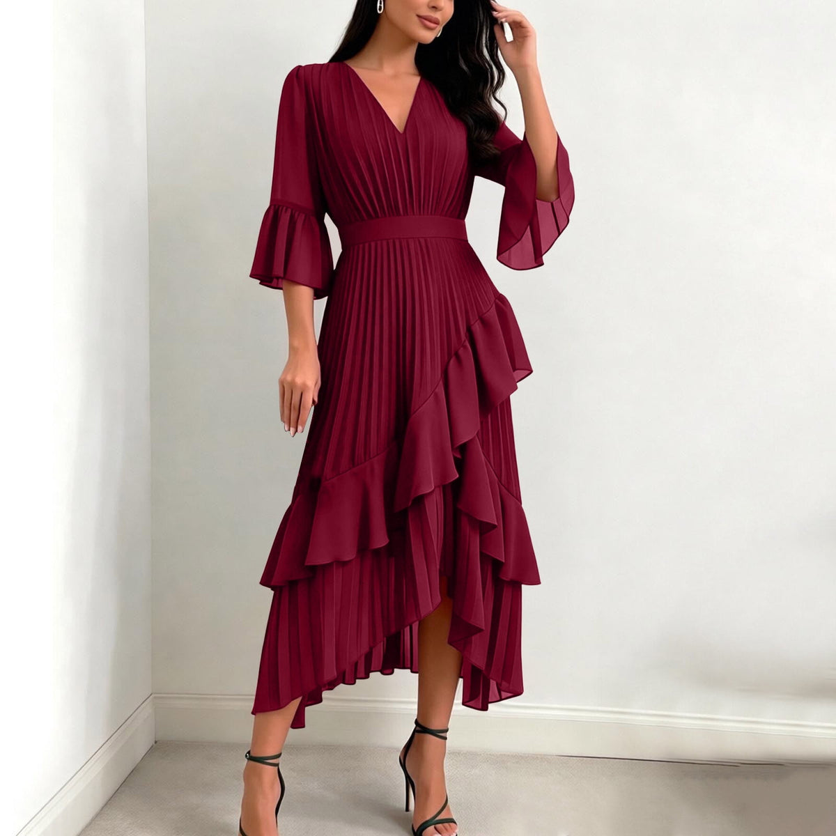 thumbnail image 1 of SOOMLON Ruffle Dresses for Women Plus Size Tunic High Low Dress Smocked Ruched Long Dress Wedding Guest Dresses Clothes, 1 of 7