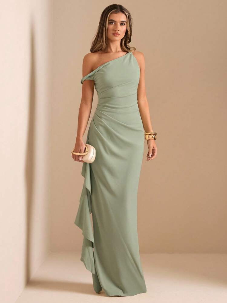 thumbnail image 1 of Sage Green One Shoulder Ruffle Wrap Maxi Dress, 1 of 7